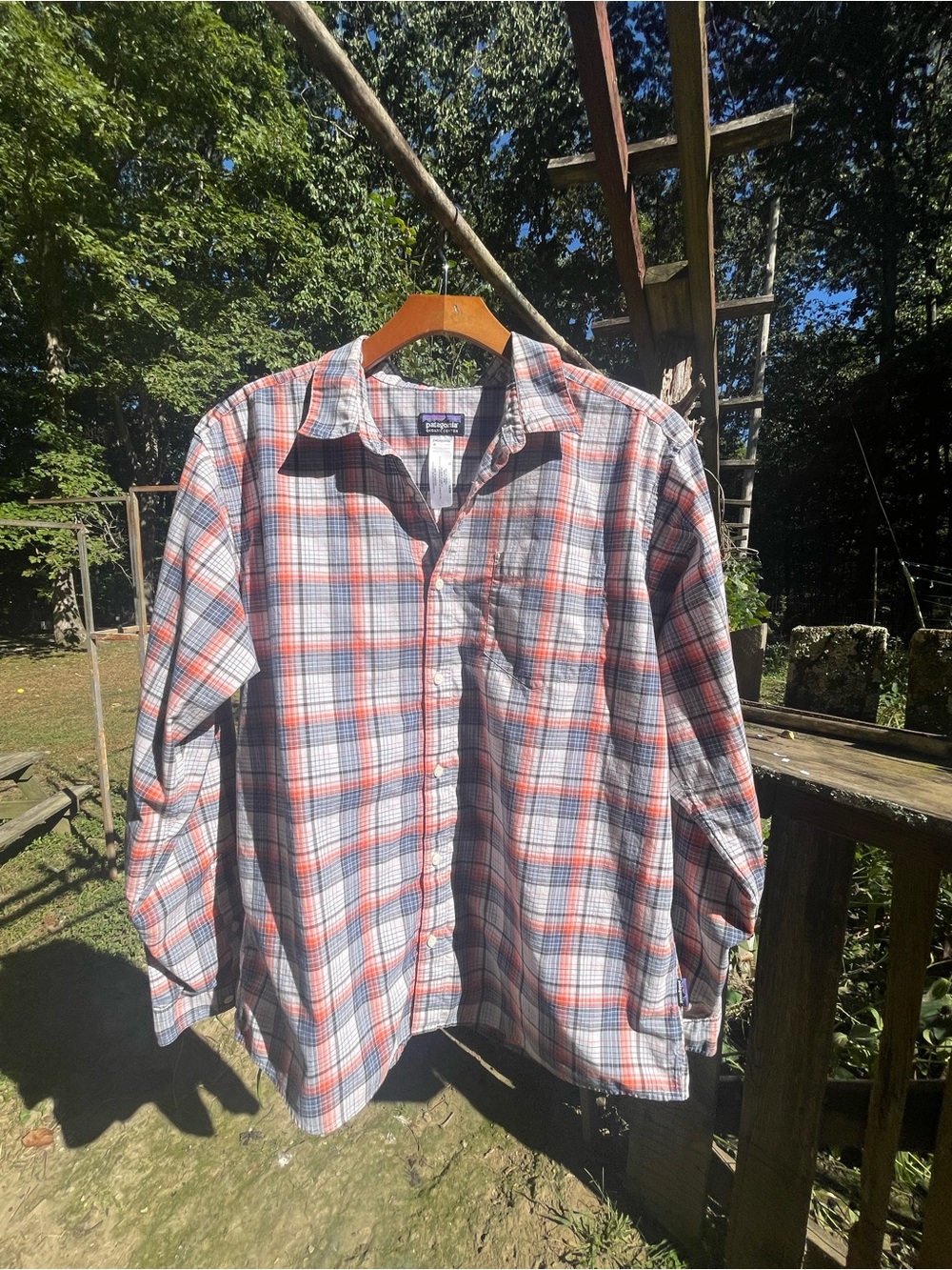 Patagonia Organic Men’s XL VTG Fall 2011 Lightweight Orange Blue Plaid Shirt